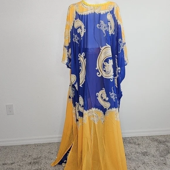 NWT - SUMMER AFRICAN CHIFFON KIMONO KAFTAN TWO PIECE PANT SET / LONG ABA… - Picture 7 of 7